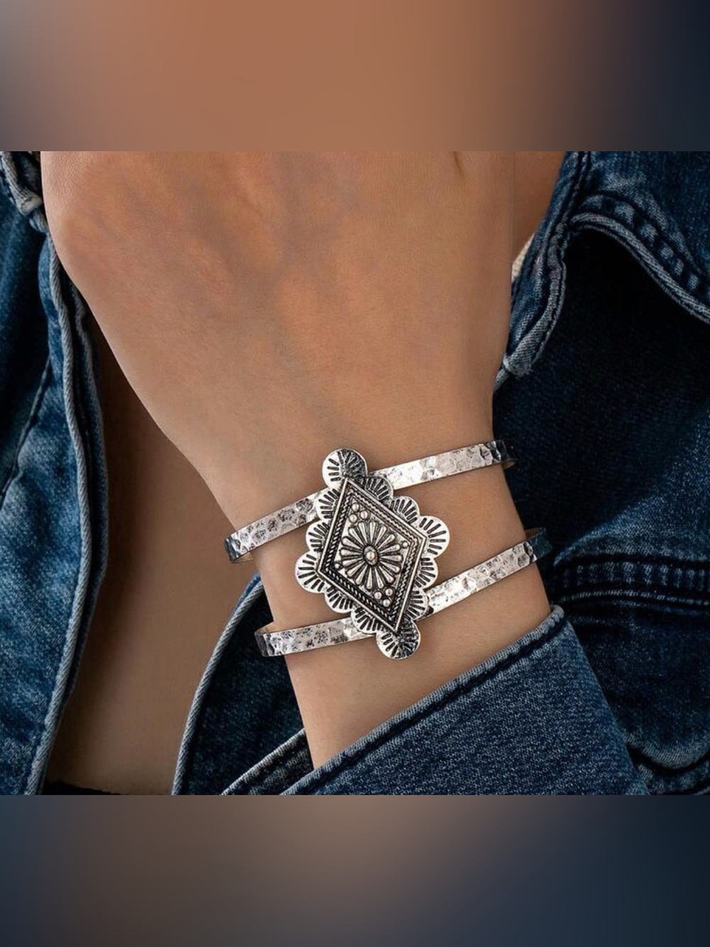 Silver-Tone Southwestern Cuff Bracelet with Floral Medallion